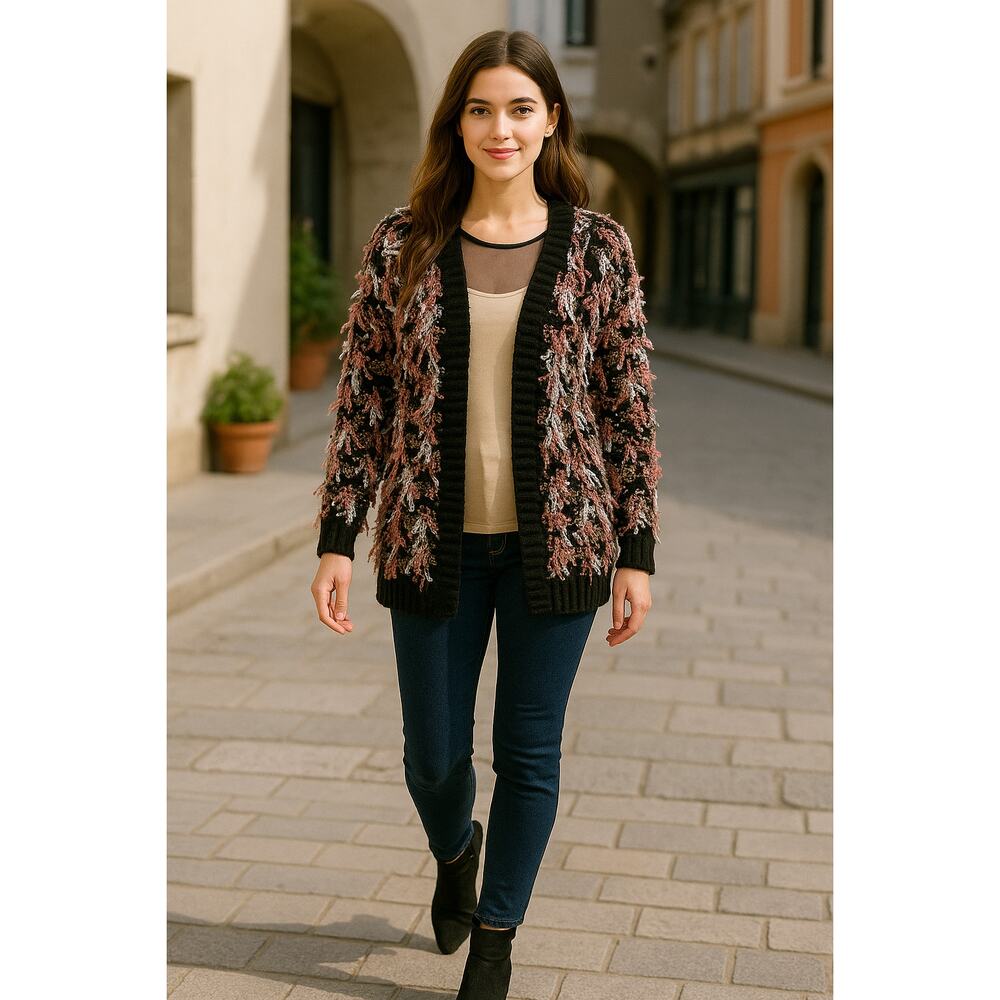 Long Sleeve Cardigan Open Front Popcorn Knit Black
